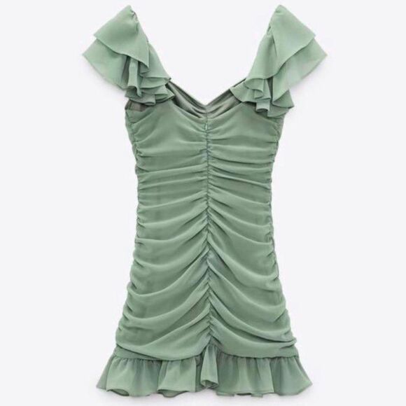 Zara Green Cottagecore Preppy Feminine Flowy Ruffled Fitted Summer Mini Dress M - Picture 5 of 13